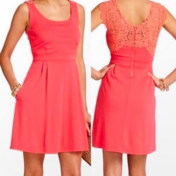Lilly Pulitzer Dresses & Skirts - Lilly Pulitzer Fit & Flare Dress XS Coral Pink Sleeveless Crochet Back & Pockets
